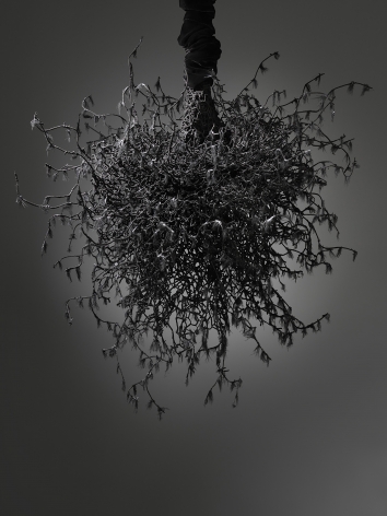 Petah Coyne Untitled #1459 (Yōko Ogawa: The Memory Police), 2019 Black sand from pig iron casting, artificial feathers, acrylic polymer, paint, chicken-wire fencing, barbed wire, annealed wire, steel, cable, cable nuts, cable thimbles, quick-link shackles, jaw-to-jaw swivel, 3/8" Grade 30 proof coil chain, silk/rayon velvet, Velcro, thread, plastic 40 x 35 x 37 inches (101.6 x 88.9 x 94 cm) (GL14191)