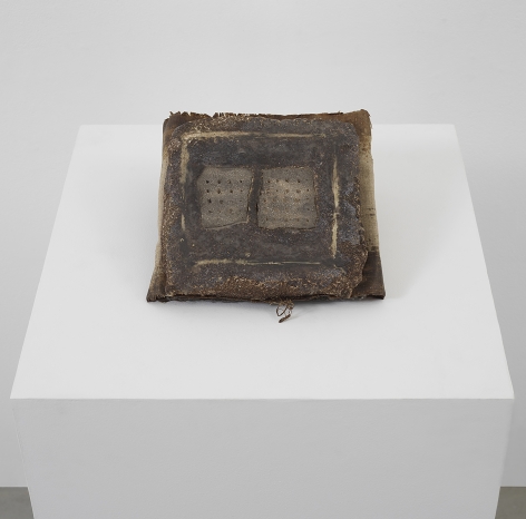 Michelle Stuart Book of the Stone, 1984-85 Earth from Machu Picchu, Peru, hydrocal, wax, linen, muslin-mounted paper 9 x 9 x 2.5 inches (22.9 x 22.9 x 6.4 cm) (GL13128)