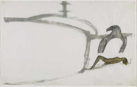 Nancy Spero Helicopter, Eagle (Magnet), Victim, 1968 Signed recto Gouache and ink on paper 24 x 38 inches (61 x 96.5 cm) Framed: 27.5 x 41.75 x 1.6 inches (69.9 x 106 x 4 cm) (GL6995)